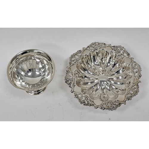 463 - Silver bon-bon dish, circular and lobed having everted and pierced foliate scroll border, scrolling ... 