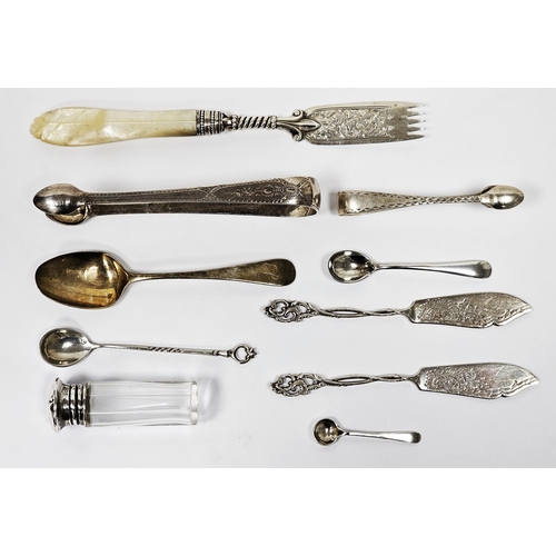 470 - Pair of George III silver sugar tongs, London 1818, with engraved bright cut decoration, a pair of s... 