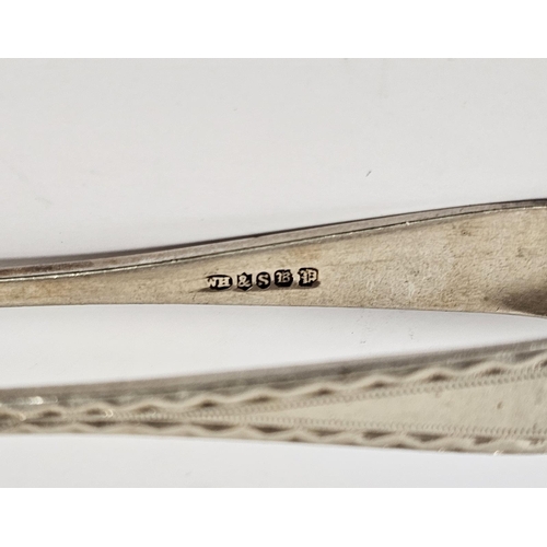 470 - Pair of George III silver sugar tongs, London 1818, with engraved bright cut decoration, a pair of s... 