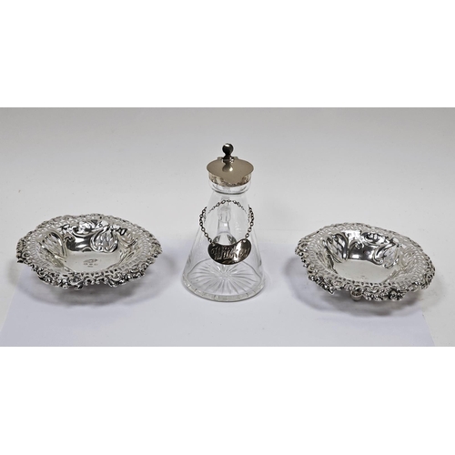 475 - Pair of Victorian silver reticulated pin trays and a silver-mounted glass whisky tot and label, the ... 