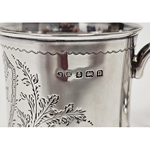 492 - Edwardian silver christening mug by John Rose, Birmingham 1900, of cylindral form with engraved shie... 