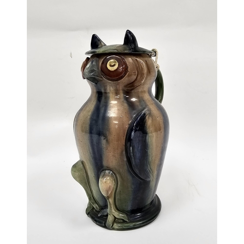 5 - Continental pottery owl jug and cover, circa 1900, impressed shape no.386, indistinct factory mark p... 