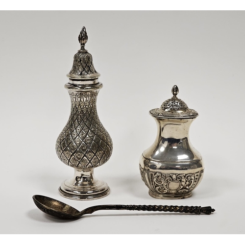 504 - Silver pepperette, Chester 1899, a silver plated sugar caster and one other item (3)