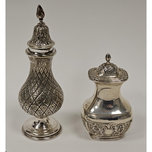 504 - Silver pepperette, Chester 1899, a silver plated sugar caster and one other item (3)