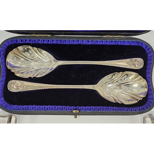 507 - Pair silver serving spoons, early 20th century, cased and engraved and two early 20th century silver... 