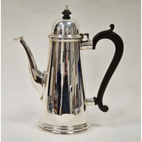 508 - Silver coffee pot, having domed lid with ebonised finial and scroll handle, tapered circular body, L... 