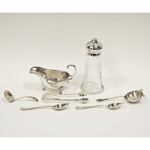 513 - Silver sauce boat, Birmingham 1969, a pair of Victorian fiddle pattern sugar tongs, a silver tea str... 