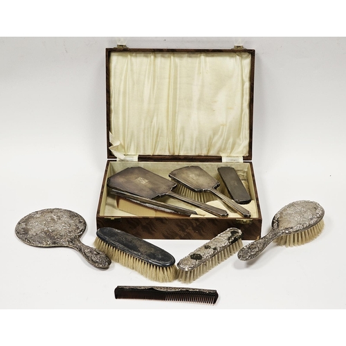 522 - Four-piece silver-backed dressing table set by W I Broadway & Co, Birmingham 1947, comprising comb, ... 