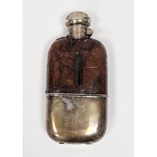 539 - Late Victorian silver, glass and crocodile leather covered hip flask with screw top, the removable s... 