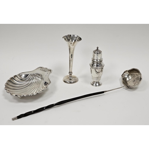 544 - Georgian silver toddy ladle with baleen twist handle, a silver scallop-shaped butter dish, a silver ... 