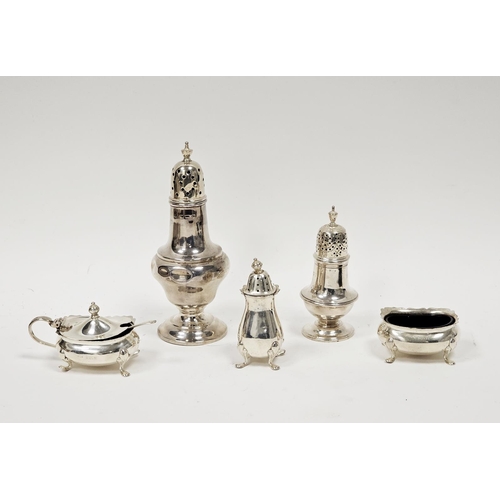 548 - Selection of silver condiments including pepper shakers, lidded mustard and open salt and a silver s... 