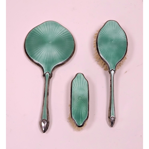 552 - Art Deco silver and green guilloche enamel dressing table set, hallmarked Birmingham, 1930, makers m... 