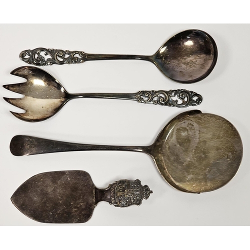 558 - Edwardian silver server, Birmingham 1906, of circular design, a pair of salad servers with pierced d... 