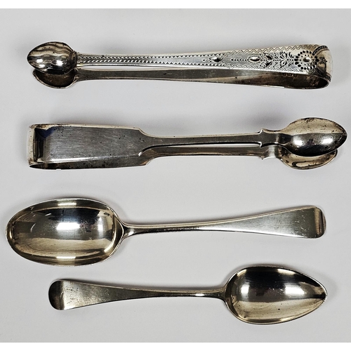 559 - Pair of Victorian silver Fiddle pattern sugar tongs by John Walton, Newcastle 1855, a pair of Georgi... 