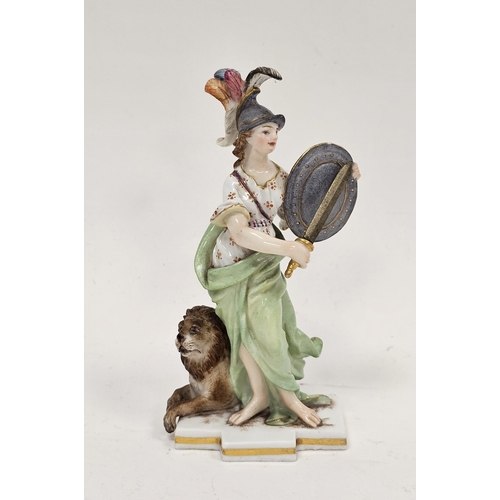 56 - Late 19th century Meissen miniature mythological figure, she modelled in plumed helmet holding sword... 