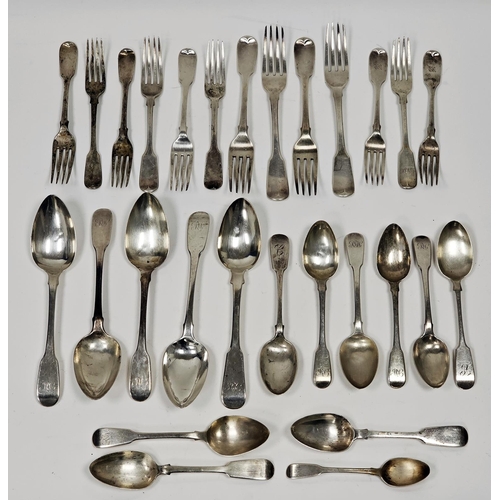 565 - Quantity of Georgian and later silver fiddle pattern flatware including a set of four George III tab... 