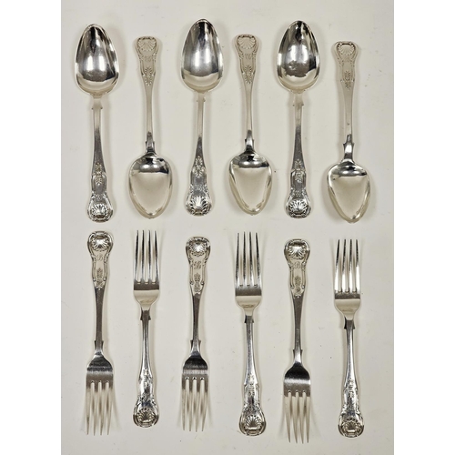 576 - Matched set of six pairs of Victorian Scottish silver dessert spoons and forks, kings pattern, all E... 