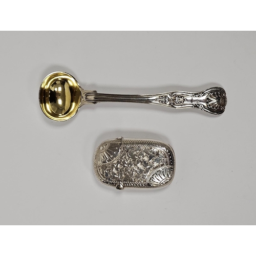 578 - Victorian silver and parcel-gilt mustard spoon, kings pattern, crested, London 1864 and a late Victo... 