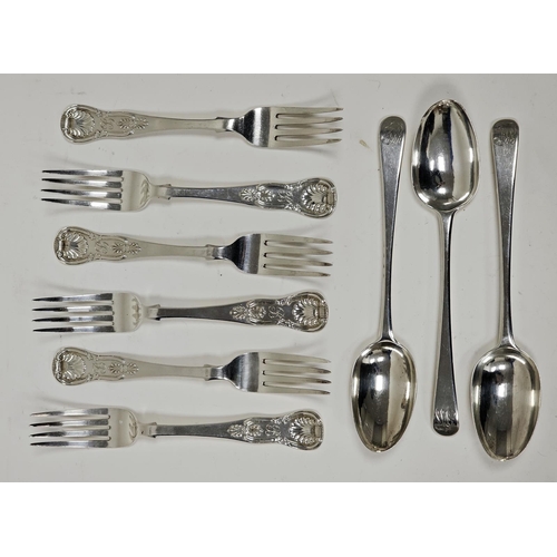 579 - Set of six Victorian Scottish silver table forks, kings pattern and initialled V, Edinburgh 1847, ma... 