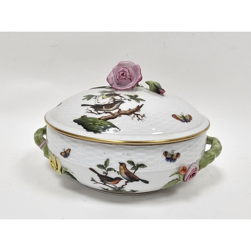 58 - 20th century Herend Rothschild Birds pattern circular vegetable tureen and cover, with branch handle... 