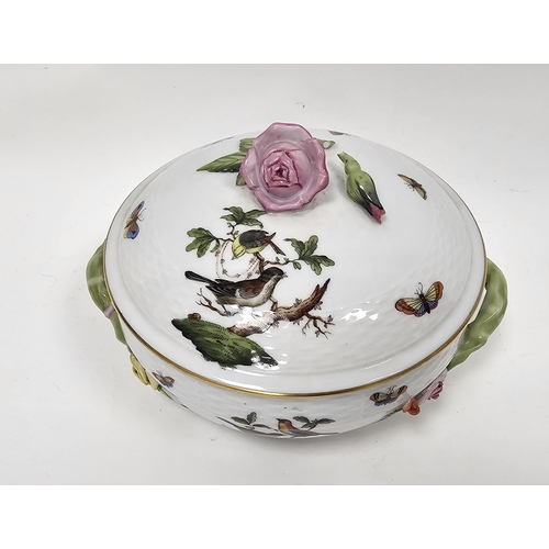 58 - 20th century Herend Rothschild Birds pattern circular vegetable tureen and cover, with branch handle... 