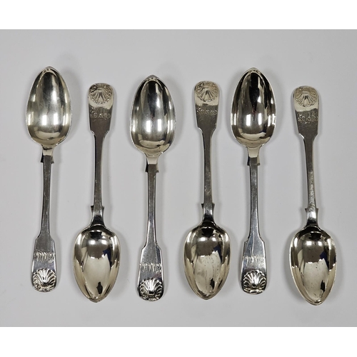 580 - Set of six Victorian silver teaspoons, fiddle and shell pattern, Newcastle 1881, makers Reid & Sons,... 