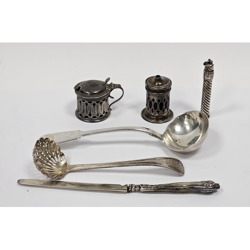 582 - William IV silver sauce ladle, fiddle pattern, crested, London 1830, a Victorian silver sugar castin... 