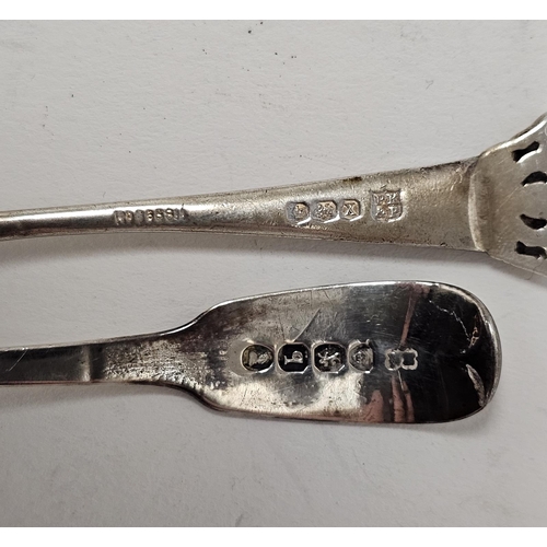 583 - Pair Georgian silver spoon-end sugar nips, two various silver dessert spoons, Old English pattern, a... 