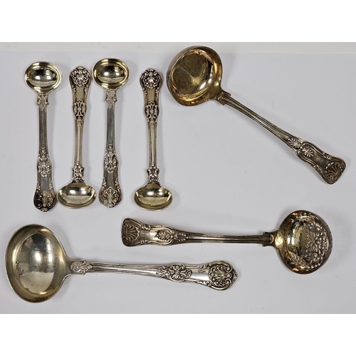 584 - A set of four George IV Queen's pattern silver condiment spoons, London 1829; together with three va... 