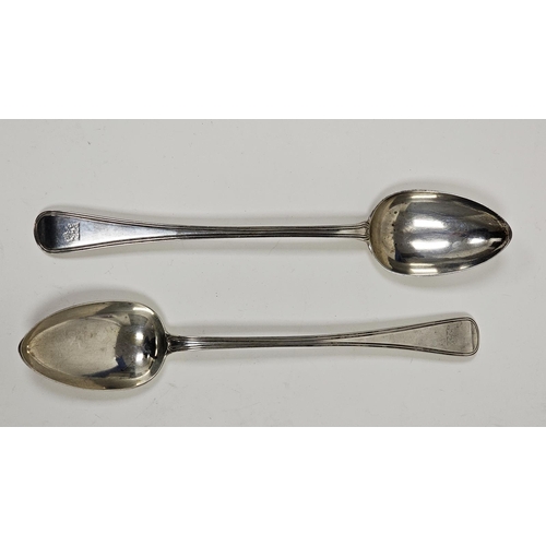 586 - A pair of William IV silver serving spoons, engraved with family crest, approximately 31cm long, Wil... 