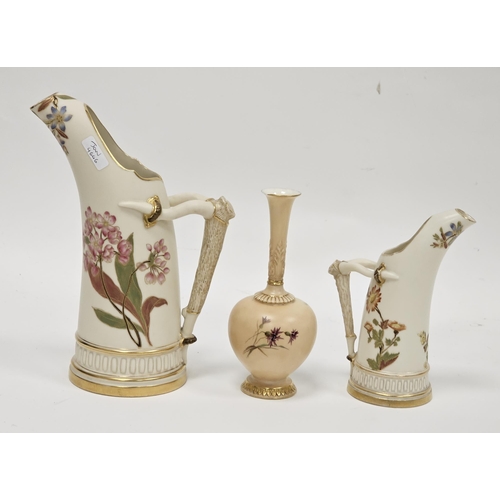 60 - A Royal Worcester blush ivory ground vase and two jugs in sizes, circa 1900, printed puce marks, the... 