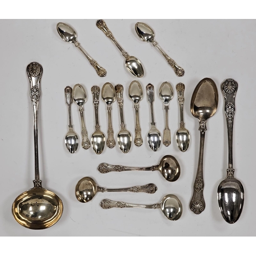 620 - A matched set of George IV and William IV silver spoons, including a large silver serving ladle, app... 