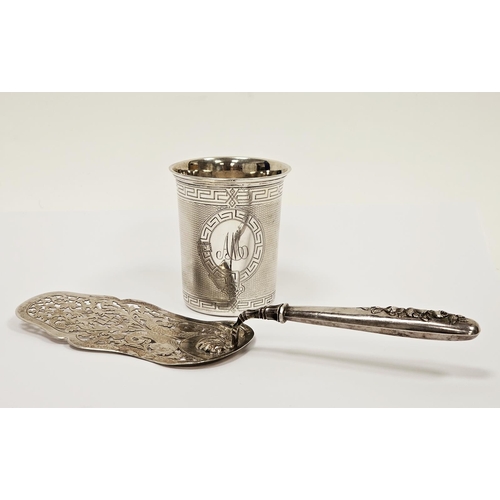 632 - 19th century German silver beaker of plain form with engraved Greek Key decoration, monogrammed, mar... 