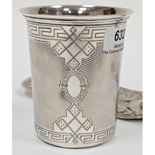 632 - 19th century German silver beaker of plain form with engraved Greek Key decoration, monogrammed, mar... 