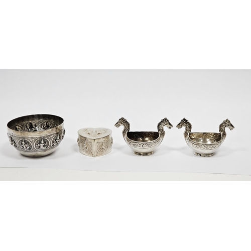 636 - Indian white metal small sugar bowl, of circular form decorated with a band of deities, 7.5cm diamet... 