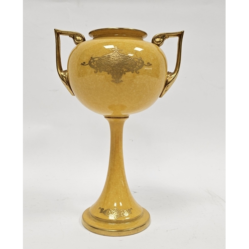 64 - Early 20th century Royal Worcester yellow-ground tall bulbous two-handled vase, circa 1930, printed ... 