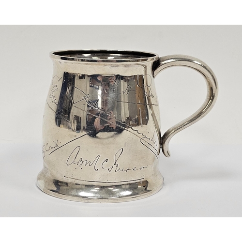 647 - Early 20th century Indian silver-coloured metal presentation mug with slight everted rim, scroll han... 