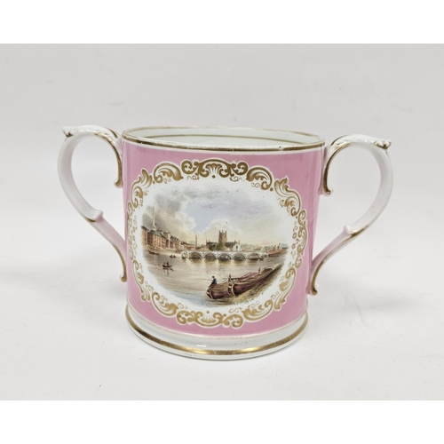 65 - 19th century Grainger's Worcester pink-ground two-handled topographical loving cup, printed black ma... 