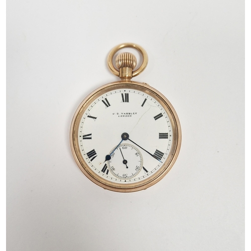 660 - Early 20th century 9ct rose gold open faced pocket watch by J B Yabsley, the enamel dial having Roma... 