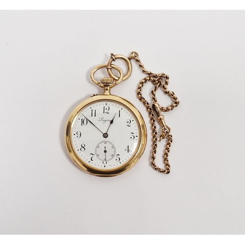 667 - 18ct gold cased open-face Longines pocket watch, the enamel dial having Arabic hour markers with sec... 