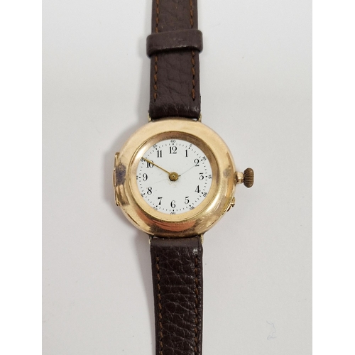 671 - Early 20th century 14ct gold cased wristwatch, the enamel dial with Arabic numerals denoting hours, ... 