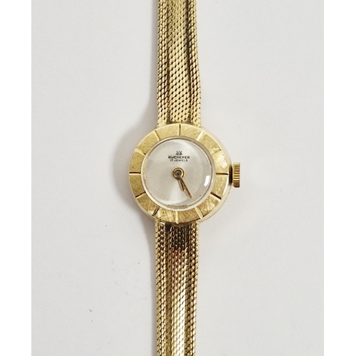 681 - Bucherer lady’s 18ct gold wristwatch, the circular dial with engine-turned border, on woven mesh int... 