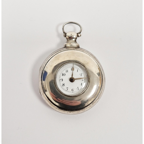 682 - George IV silver pair-cased pocket watch, the silver top with glass window showing small enamel dial... 