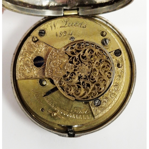 682 - George IV silver pair-cased pocket watch, the silver top with glass window showing small enamel dial... 