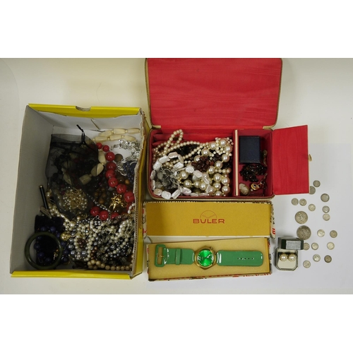 719 - Quantity of silver threepences, small quantity silver coinage, sundry bead necklaces and other costu... 