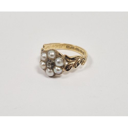 767 - Victorian 18ct gold, pearl, diamond and black enamel memorial ring, the daisy head set central small... 