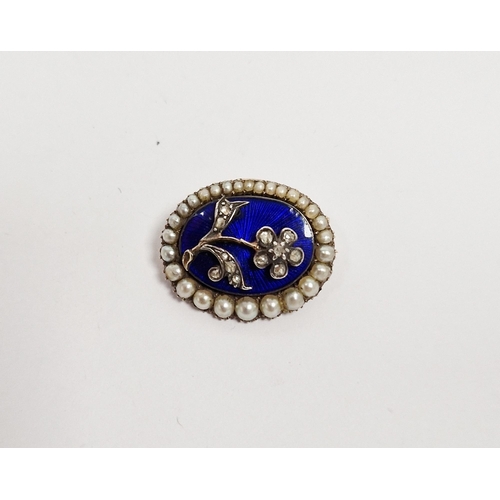 768 - Victorian enamel, diamond and pearl mourning brooch, oval, the blue enamel with old cut diamond set ... 