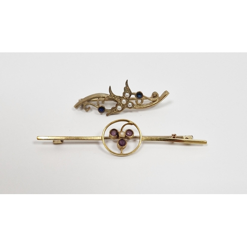 774 - 9ct gold, blue stone and seedpearl bird-pattern bar brooch, 3.2g and a 15ct gold, purple stone and p... 