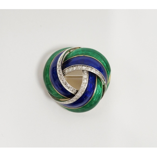 777 - 18ct gold, diamond and enamel twist brooch having bands of blue and emerald green enamel, with three... 