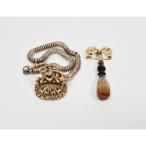 781 - Gold-coloured metal and agate seal bow brooch, the bow suspension with banded agate cut small seal a... 